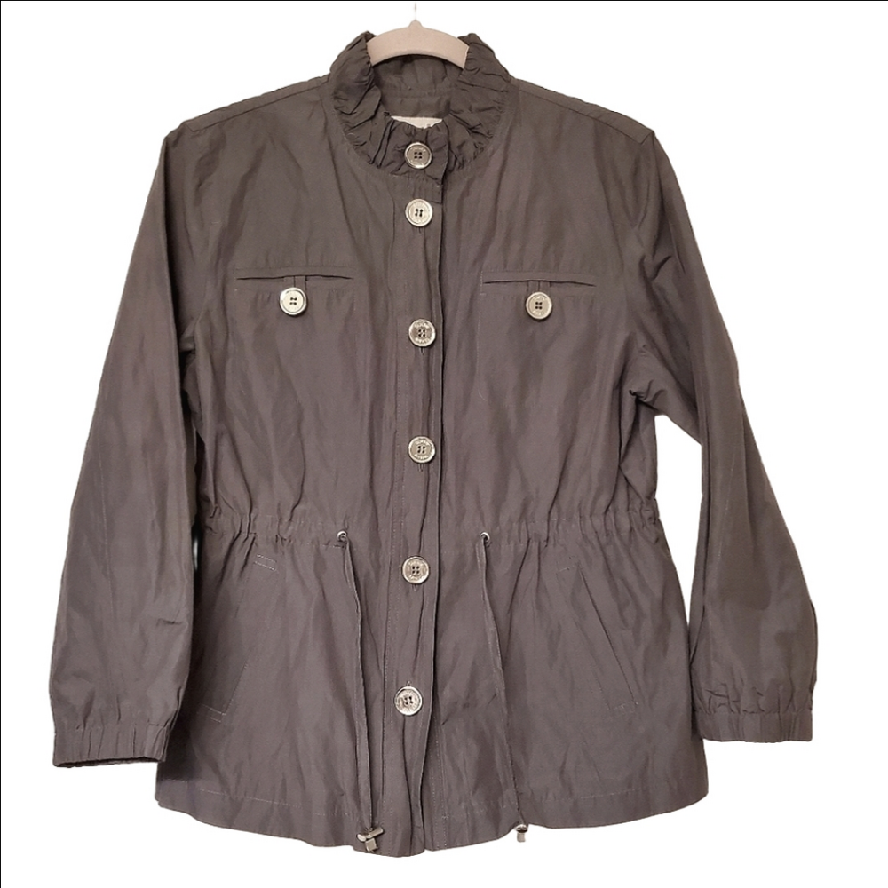 TANJAY MILITARY JACKET GRAY BUTTON FRONT DRAWSTRING WAIST PETITES WOMENS SIZE 8